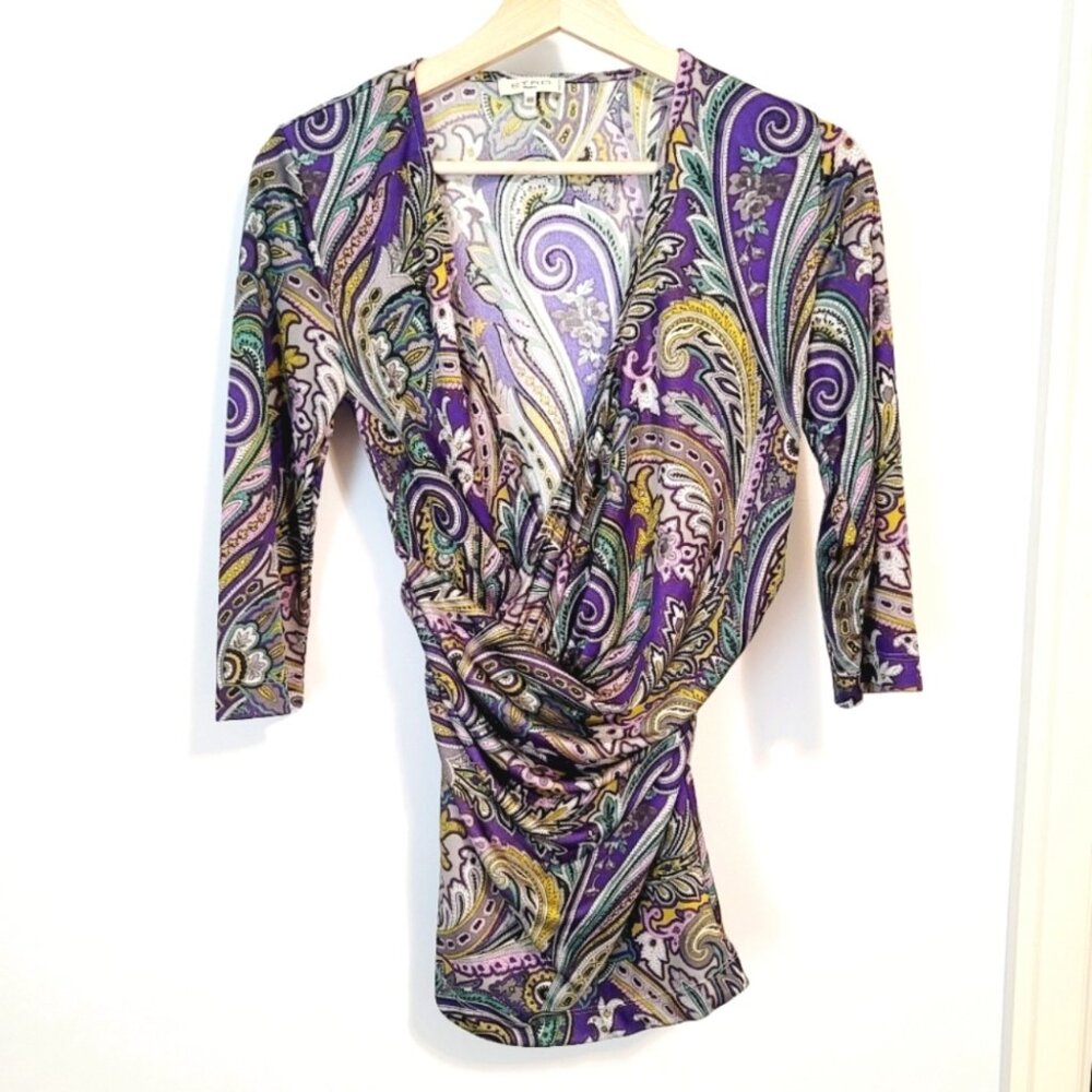 Etro Purple Paisley V-Neck Long Sleeve Dress Top